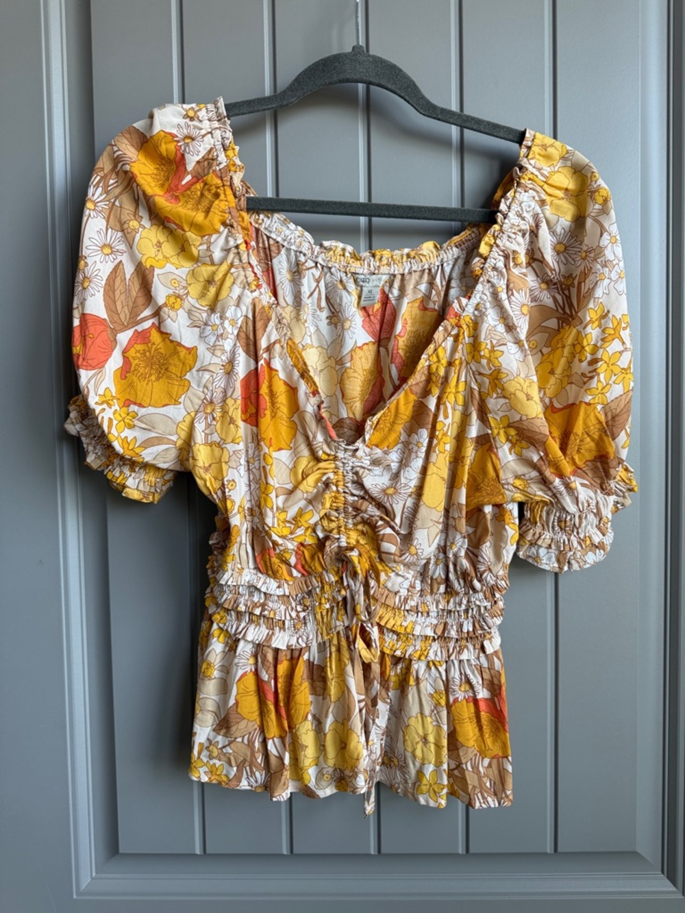 Cato Yellow, Orange and Cream Floral Puff-Sleeve Peplum Blouse